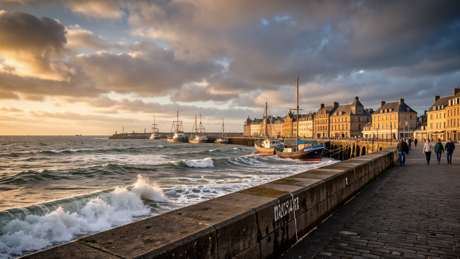 Golden hour view along the Digue sea wall promenade in Courgain Maritime, Calais with port and waves