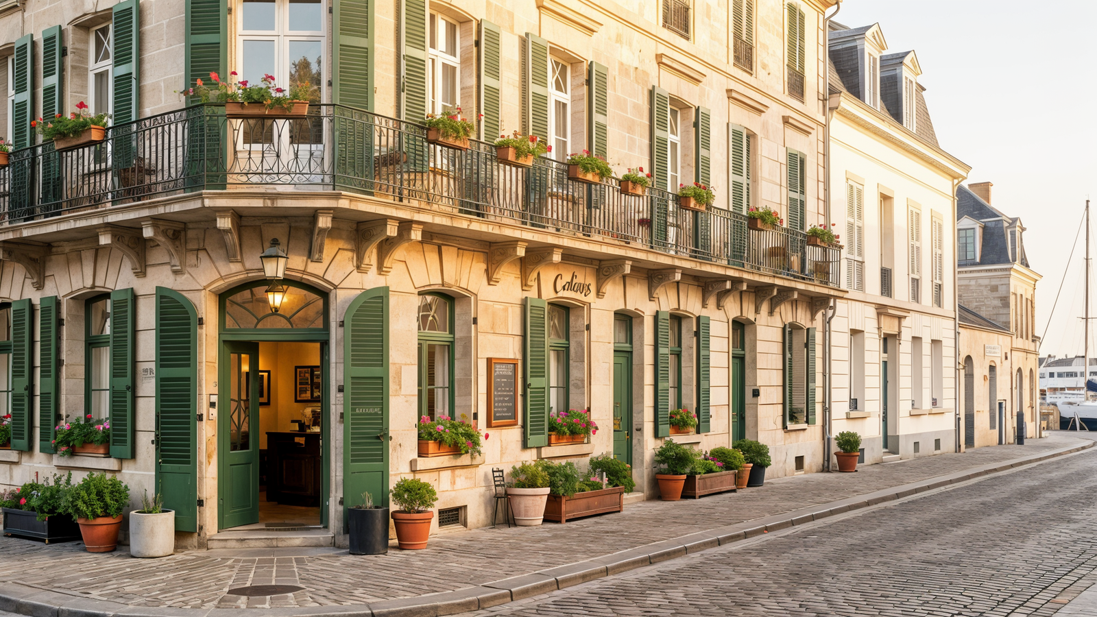 Charming stone hotel facade with shutters and flowers near Calais old port