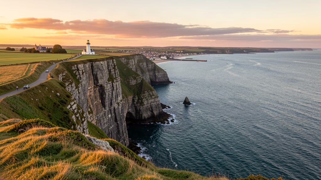Do: Panoramic cliffs and lighthouse at Cap Fagnet overlooking the Channel, Fécamp