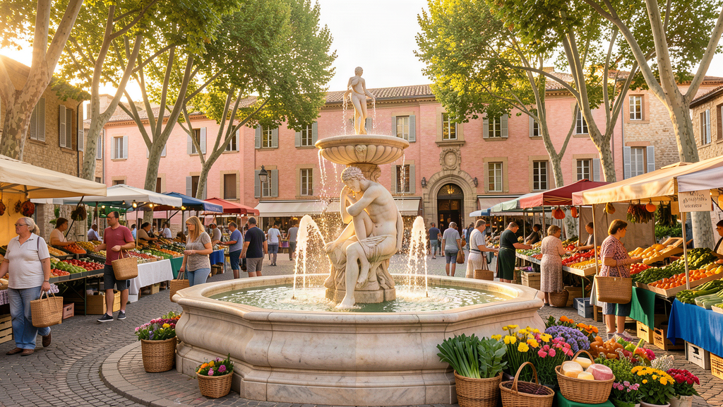 Morning market on Place Carnot with marble Neptune fountain and locals with market totes, Carcassonne