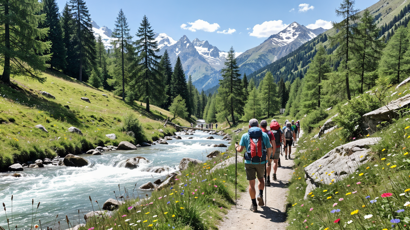 Hikers on Evancon River trail near Champoluc in Ayas Valley