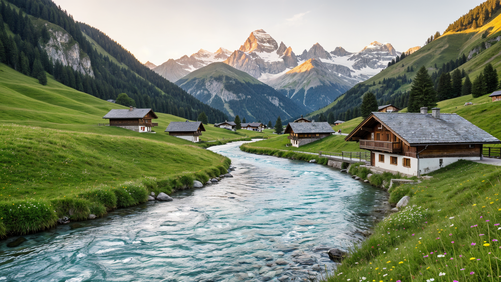 Along the Evancon River in Champoluc, Ayas Valley with Monte Rosa peaks