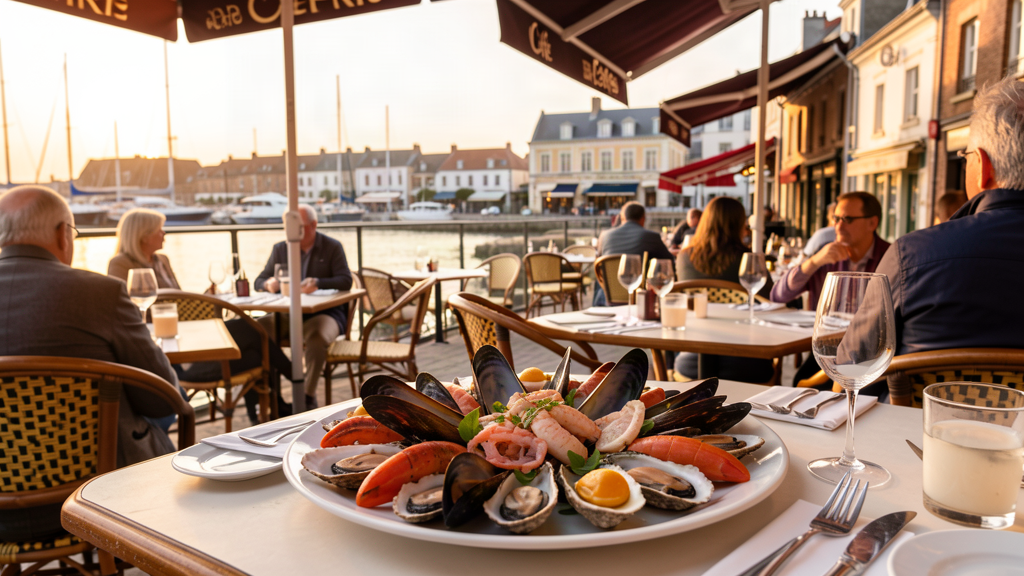 Food: Café de Paris seafood terrace on Quai de Caligny with harbor view