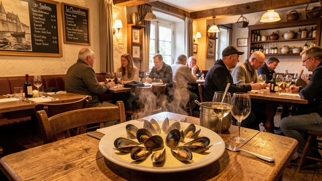 Food: Le Chaudron rustic bistro interior with Norman mussels