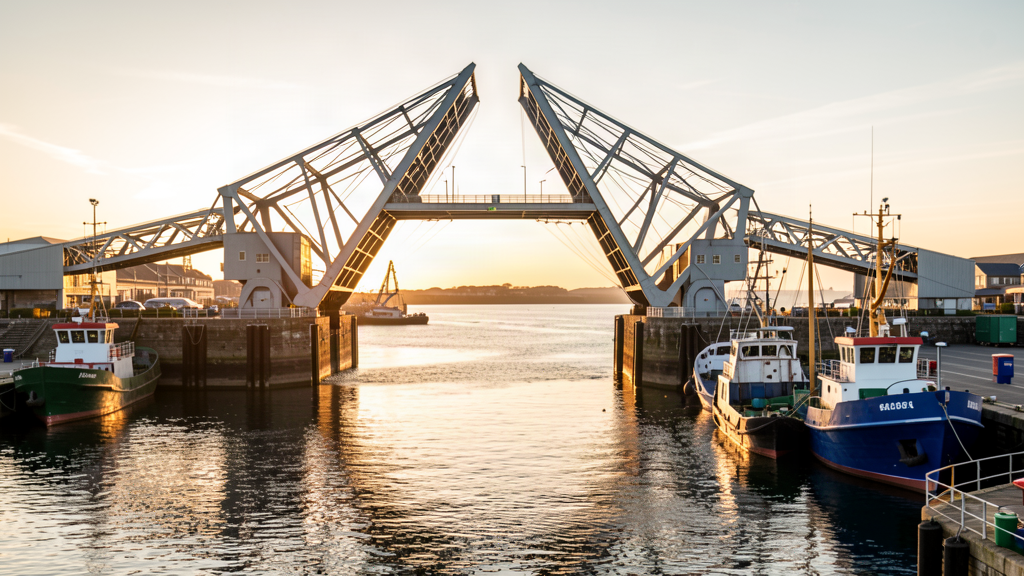 Hero: Pont Tournant swing bridge over the Bassin du Commerce in Cherbourg at golden hour with commercial boats