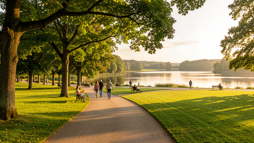 Walking path through Parc de Moine toward Lac de Ribou lake in Cholet