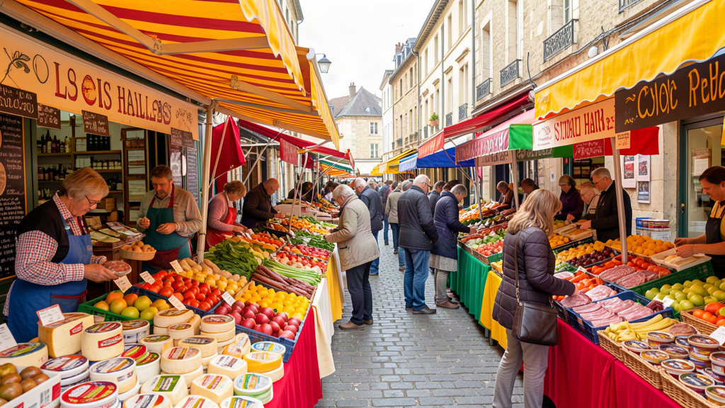 Bustling Les Halles market with local produce, cheeses and rillettes in Cholet