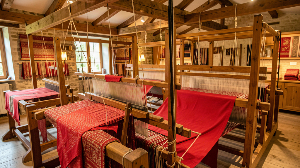 Red handkerchiefs (mouchoir rouge) displayed on traditional looms at Rivière Sauvageau textile museum in Cholet