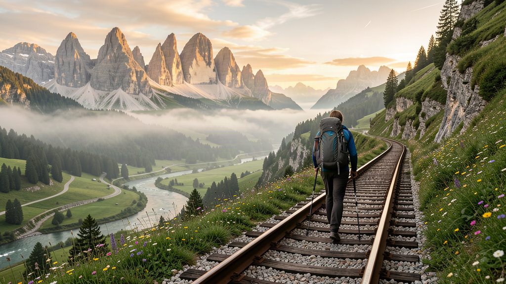 Hiker on the former railway trail toward Faloria in Cortina d'Ampezzo