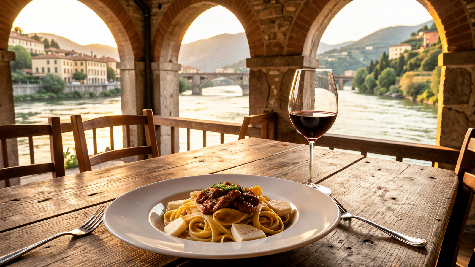Food: Calabrian pasta with nduja at riverside trattoria near the confluence