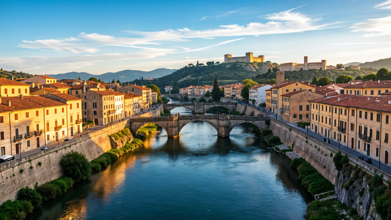 Hero: Busento and Crati rivers confluence in Cosenza with Castello Svevo at golden hour