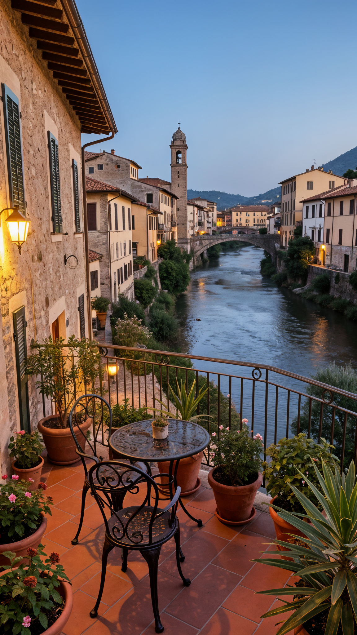 Stay: Boutique hotel terrace overlooking Busento River in Cosenza old town at dusk