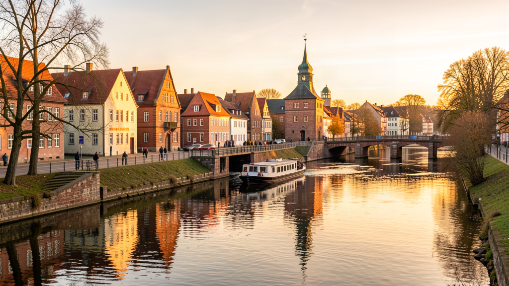 Spree river canal and mill in Cottbus scenic view