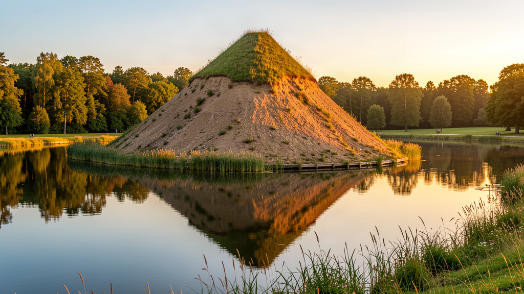 Pückler's lake tumulus earth pyramid in Branitz Park, Cottbus at golden hour