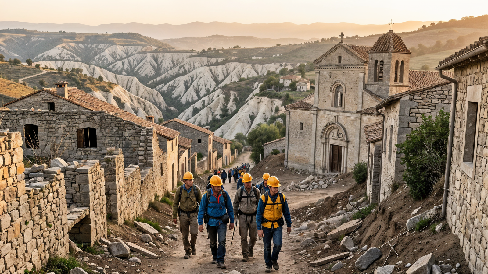 Hard hats exploring landslide-damaged lanes near Chiesa Madre in Craco ghost town