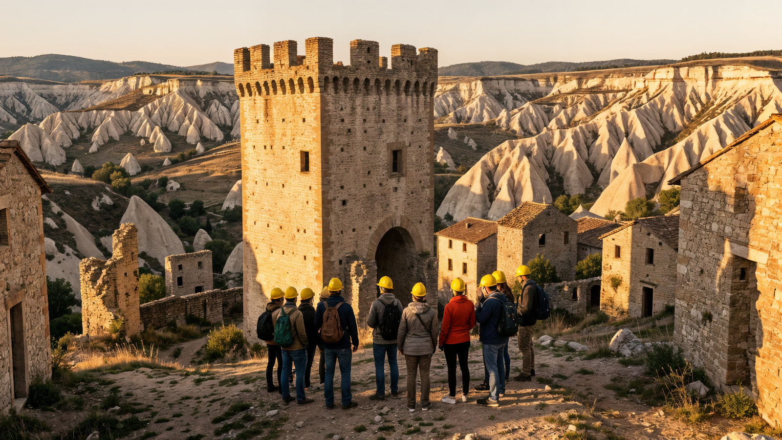 Hard hats under the Norman tower in Craco at golden hour with calanchi badlands