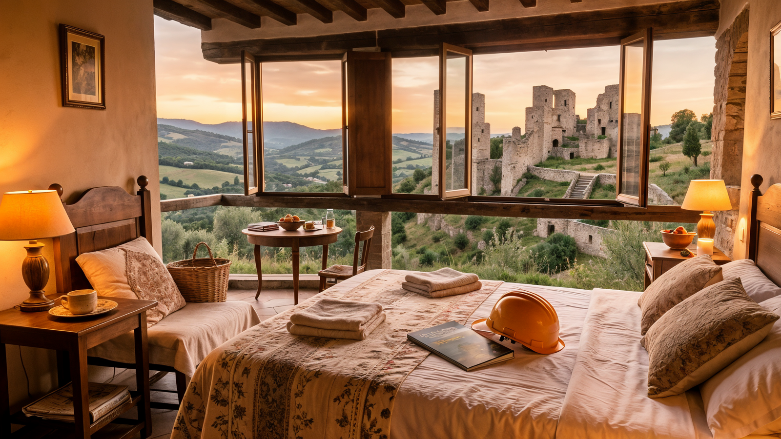Agriturismo room in Pisticci with view of Craco ruins and hard hat