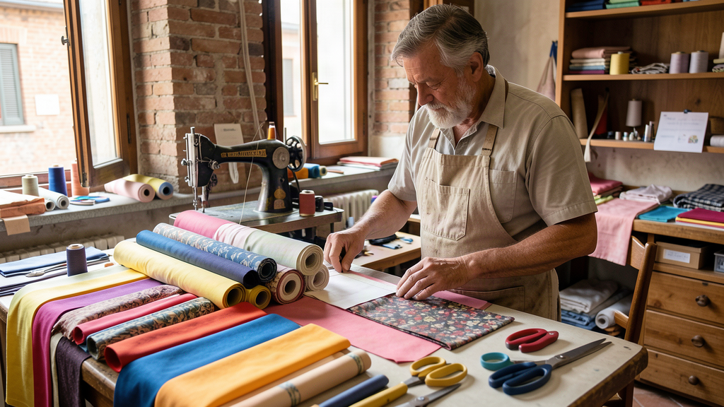 Local artisan cutting fabric rolls in a Contrada del Carmine workshop