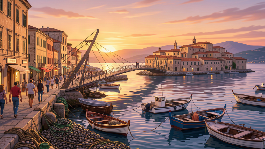 Swing bridge walk to Taranto's Citta Vecchia island at dusk