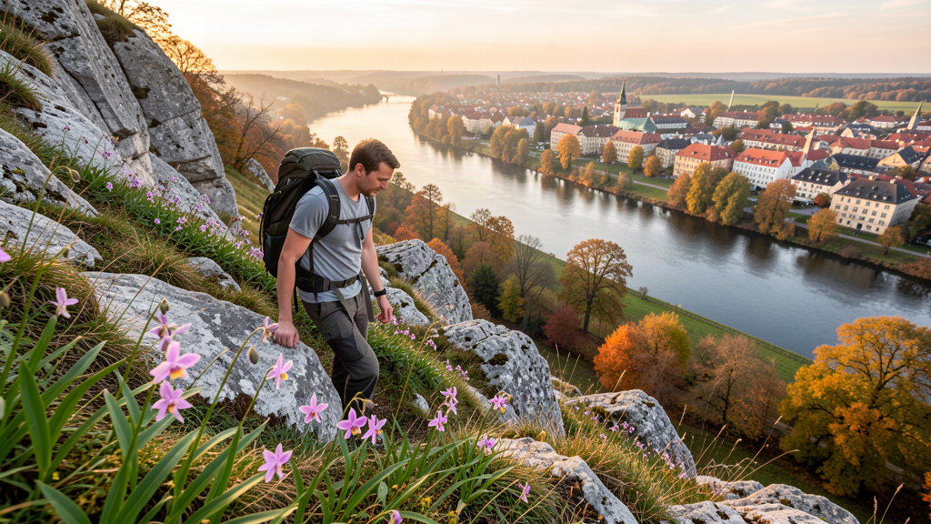 Hiker on Muschelkalk limestone slopes overlooking Jena