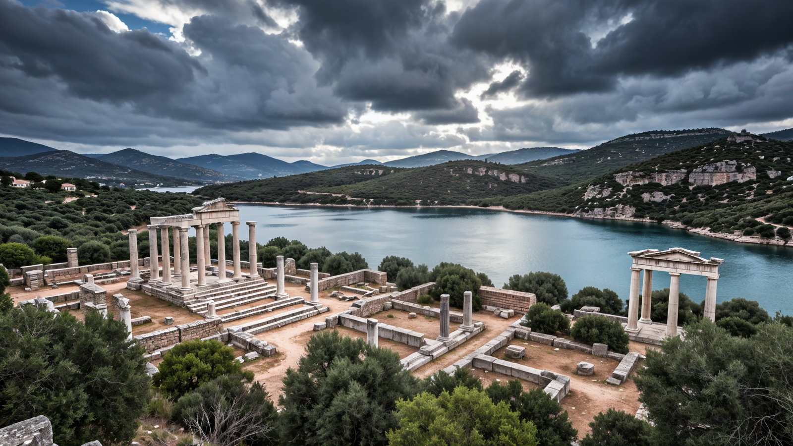 Ancient Roman ruins and columns at Aléria archaeological site overlooking the lagoon