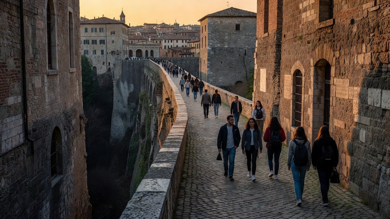 Narrow aqueduct path walk in Perugia with students and locals