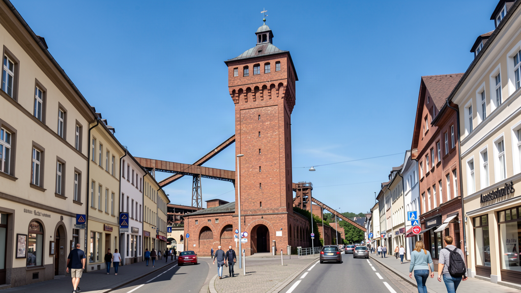 Beckerturm brick tower above Kaiserstraße in Sankt Ingbert
