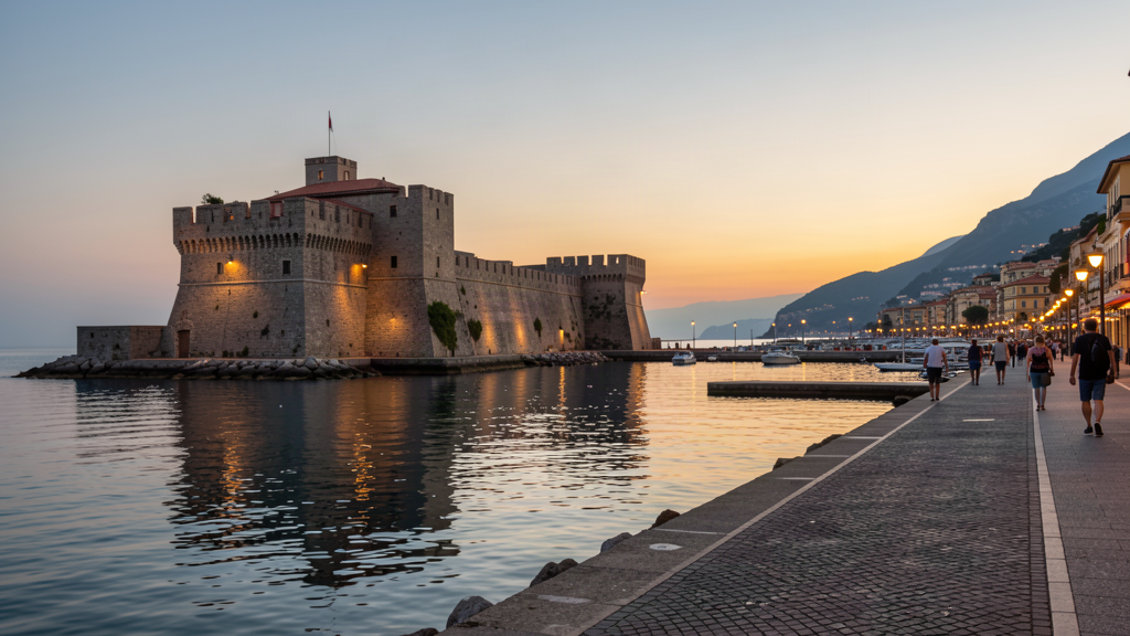 Castello sul Mare at dusk on the Rapallo waterfront