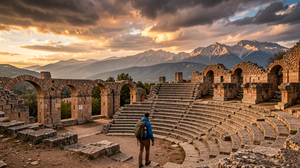 Traveler at the wind-swept La Civitella amphitheatre ruins in Chieti with Maiella ridge