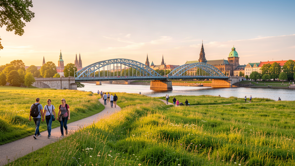 Elbwiesen meadow path toward the Blue Wonder bridge in Dresden