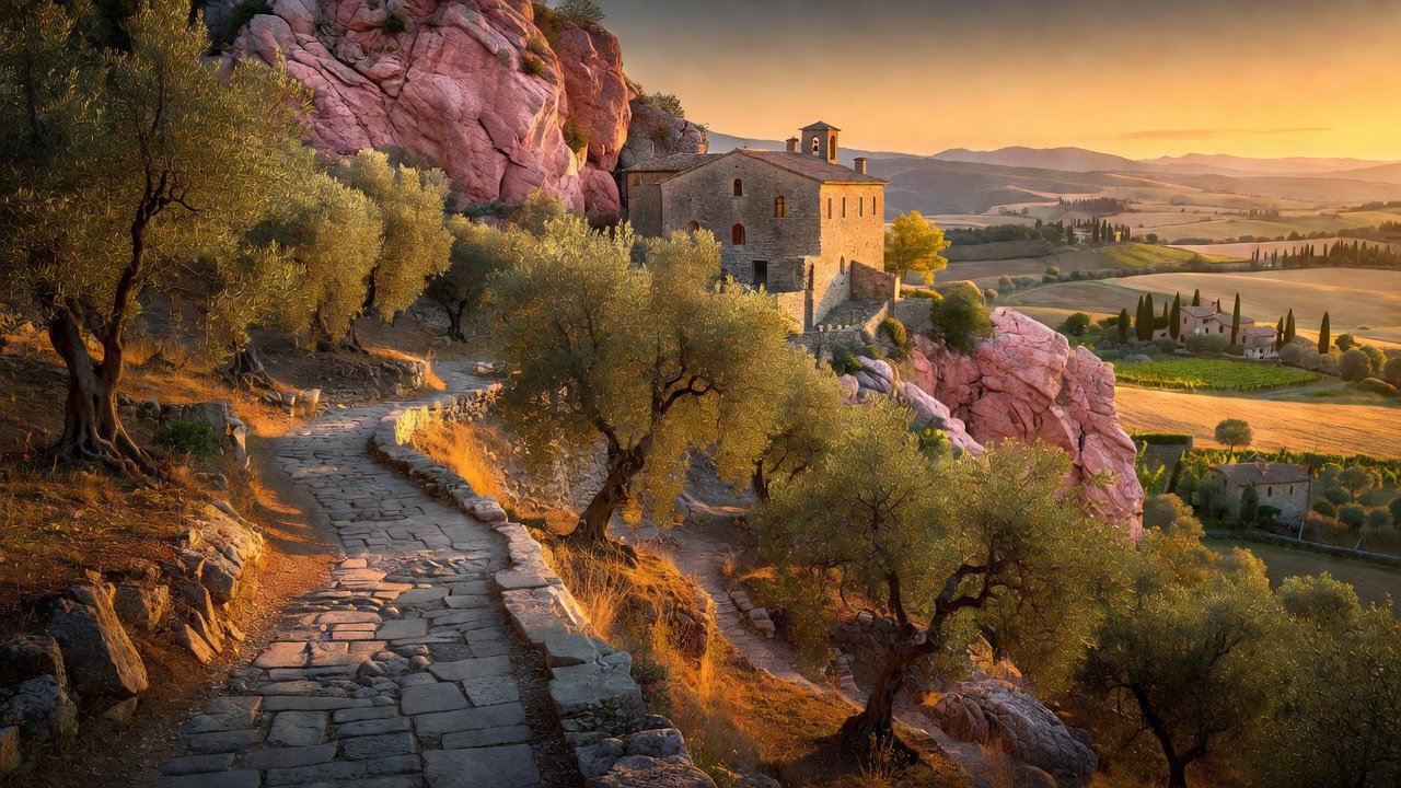 Do: stone path to Eremo delle Carceri through olive groves