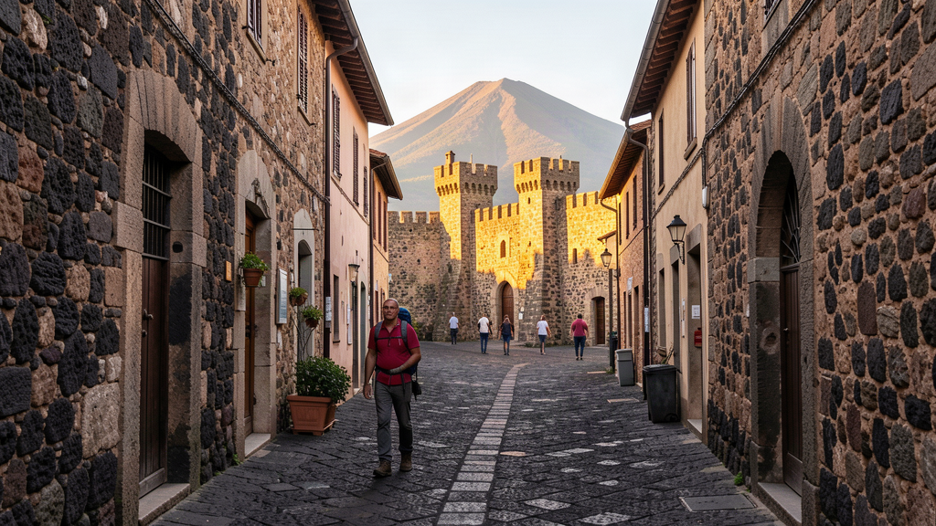Exploring narrow lava-stone lanes in Melfi's historic center near the Norman castle