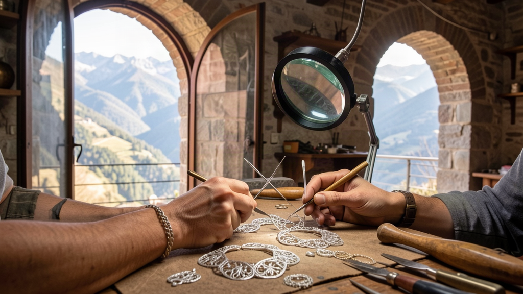 Goldsmith crafting presentosa filigree in workshop on Via De Angelis in Scanno