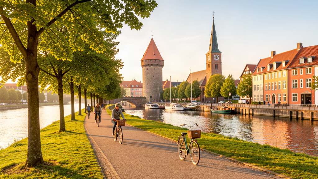 Hunte river walk toward Lambertikirche in Oldenburg
