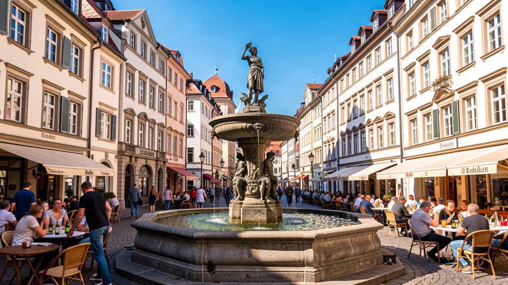 Do: Outdoor view of Frau Rauscher fountain and Klappergasse street life in Frankfurt am Main