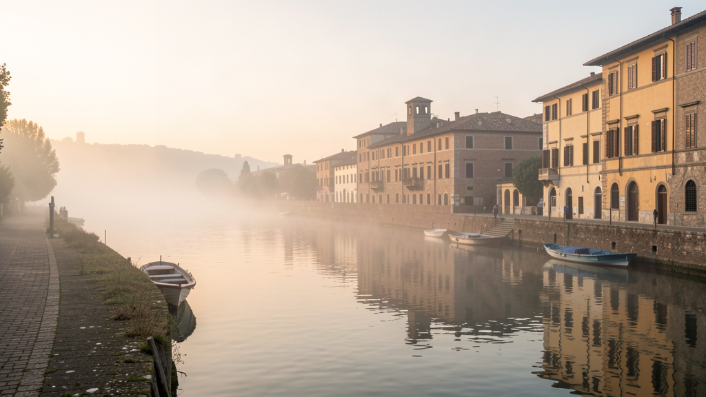 Lakeside view along Mincio in Mantova with morning fog