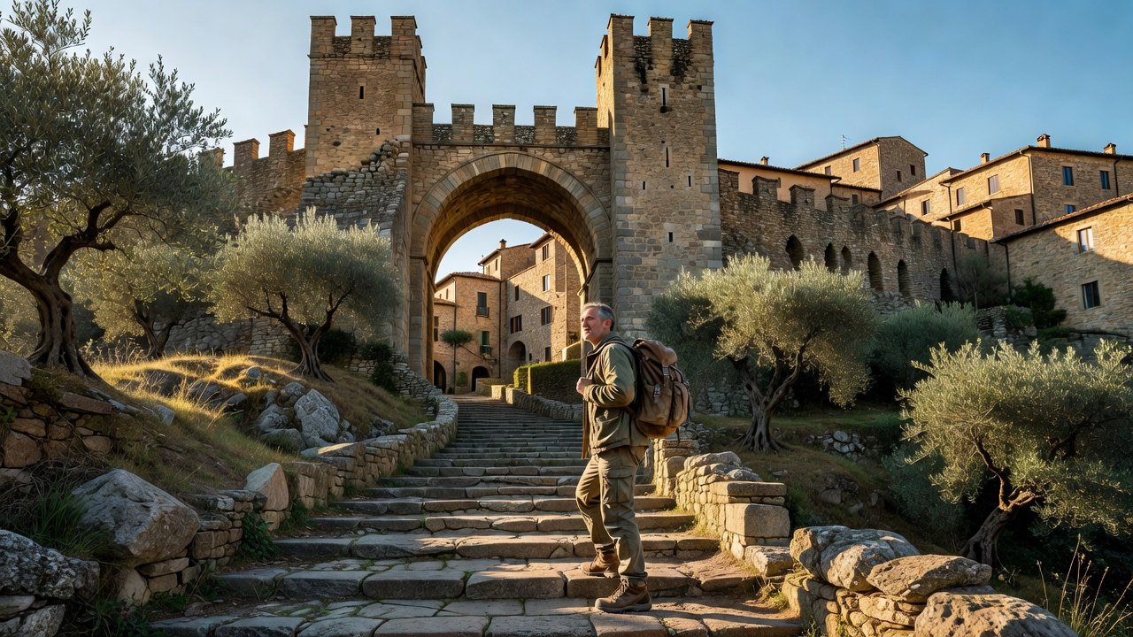 Ascending stone steps under Porta Venere archway in Spello