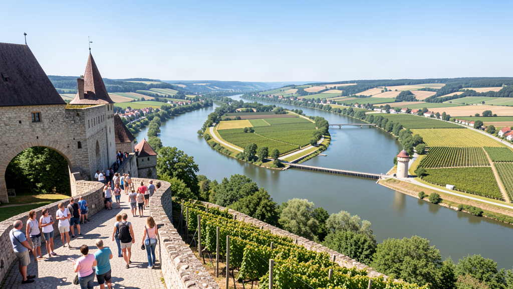 Rhine panorama with Mäuseturm from Burg Klopp area in Bingen am Rhein