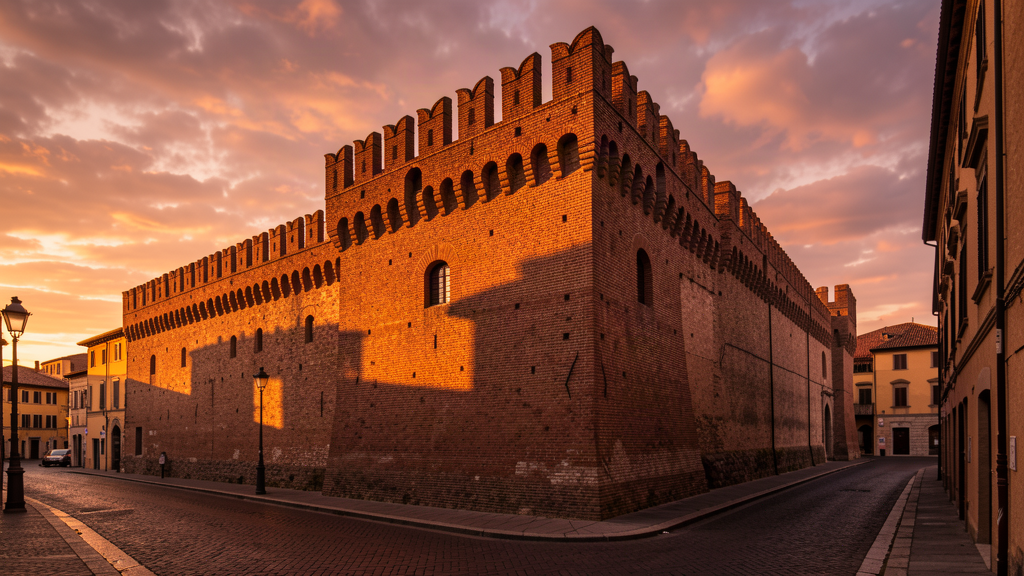 Sunset on the brick walls of Rocca Costanza fortress in Pesaro, Italy
