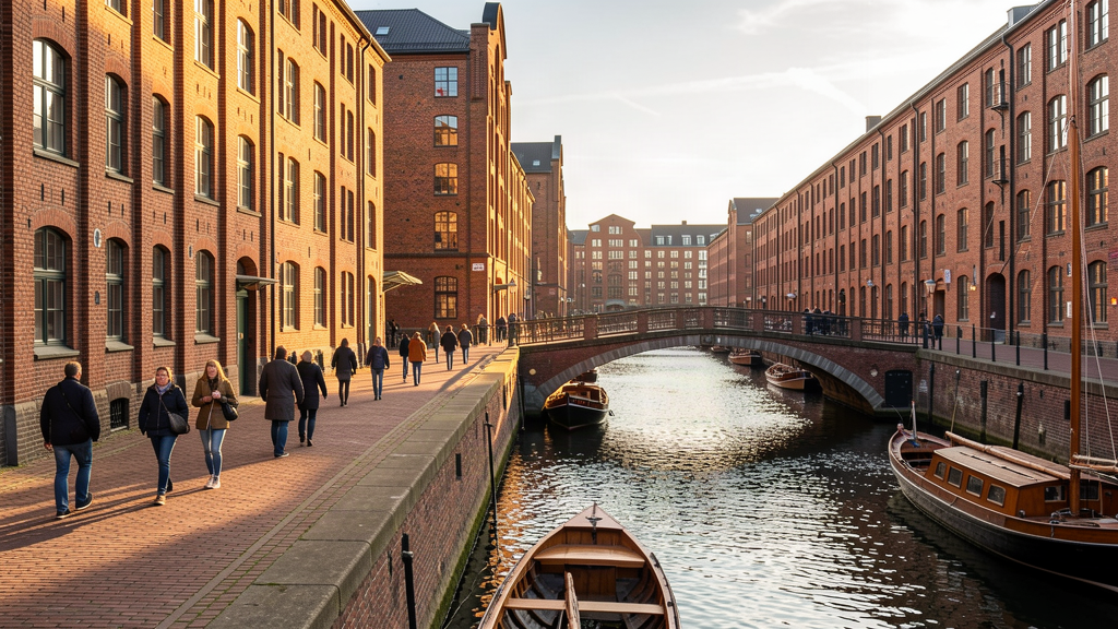 Walking the historic fleet canals among the red brick warehouses in Speicherstadt
