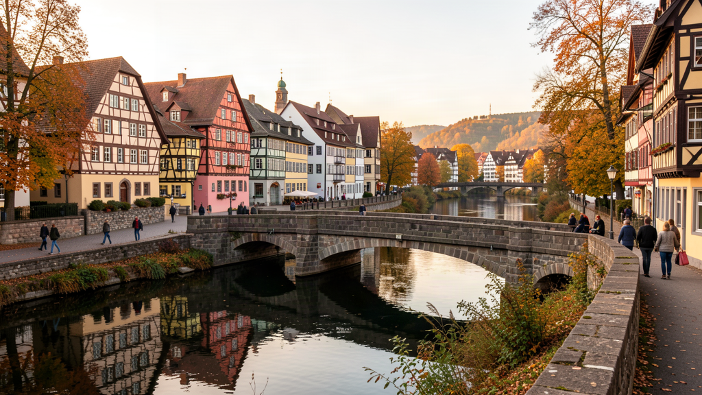 Steinerner Steg stone bridge over the Kocher river in Schwäbisch Hall old town