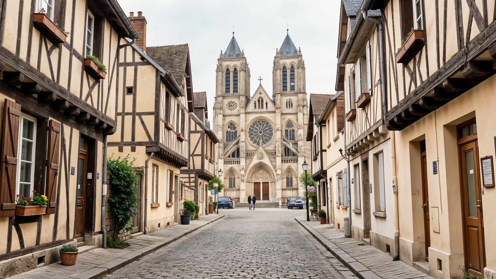 Half-timbered street leading to Notre-Dame-en-Vaux in Châlons-en-Champagne