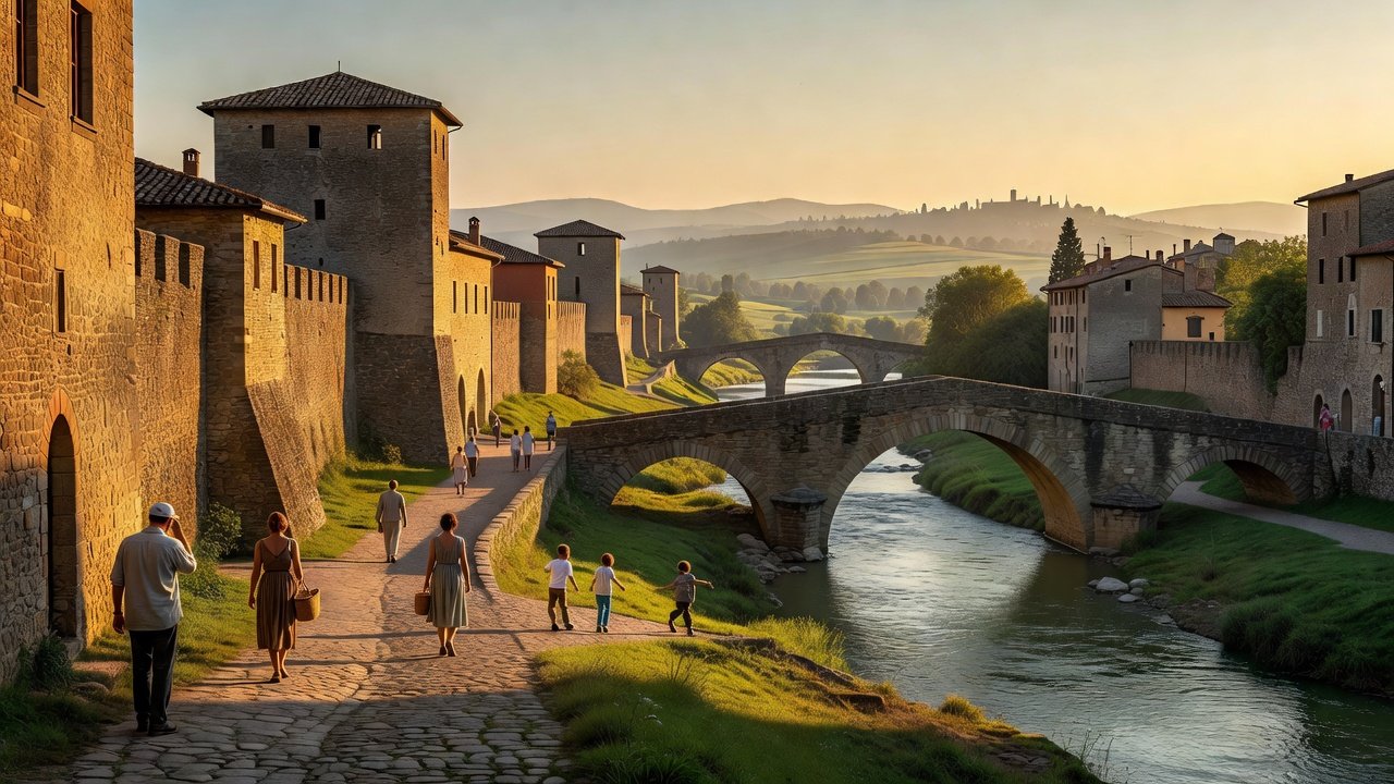 Golden hour view of medieval walls and Topino river in Bevagna