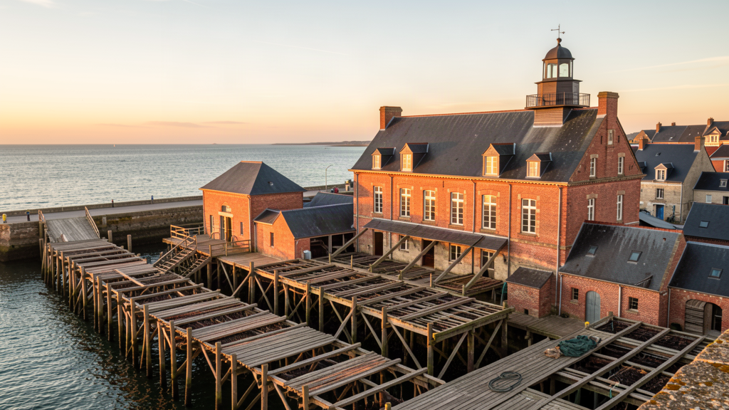 Hero: Drying floors of Les Pêcheries cod-drying factory and roof belvedere on Quai Capitaine Jean Recher in Fécamp at golden hour