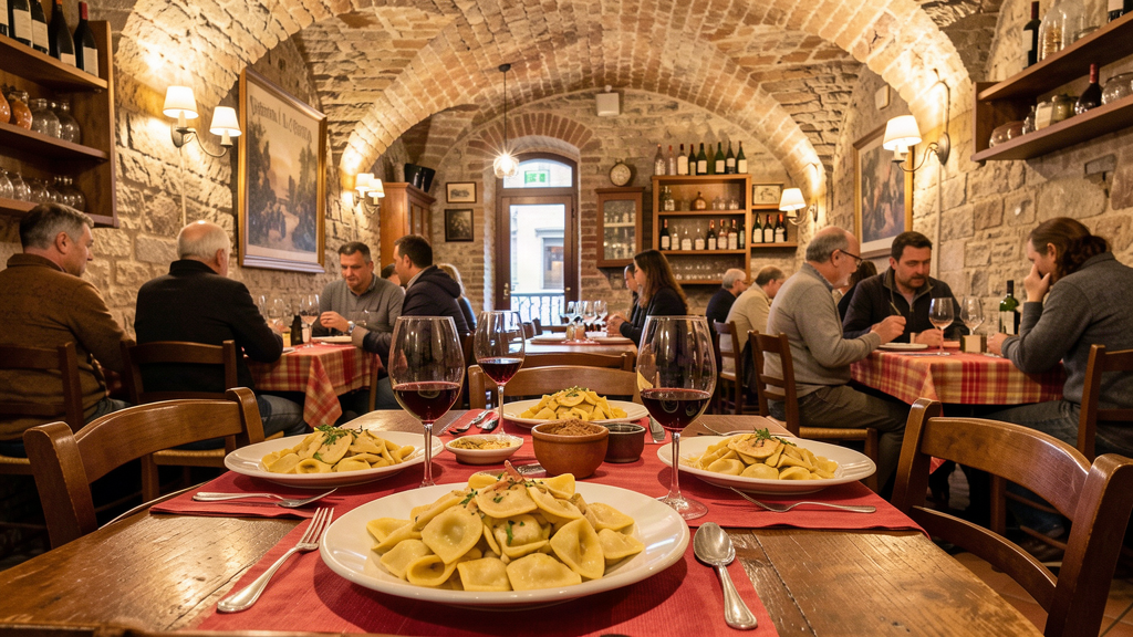 Rustic dining at Osteria La Grotta with casoncelli pasta under stone vaults