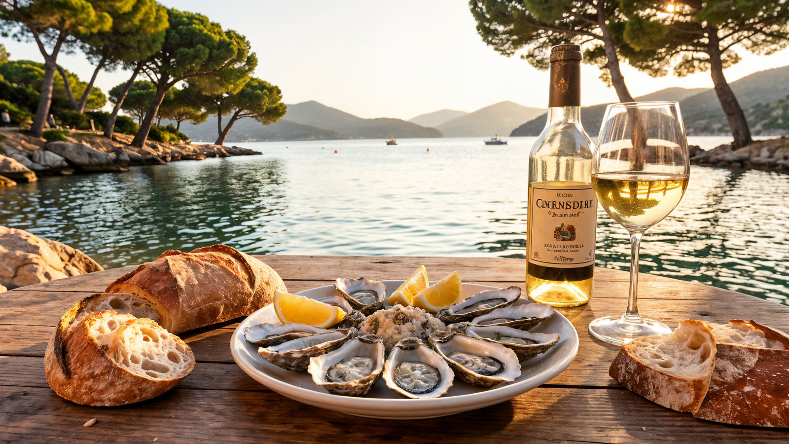 Fresh local oysters tasting table beside Étang de Diane in Aléria with wine and rustic setting