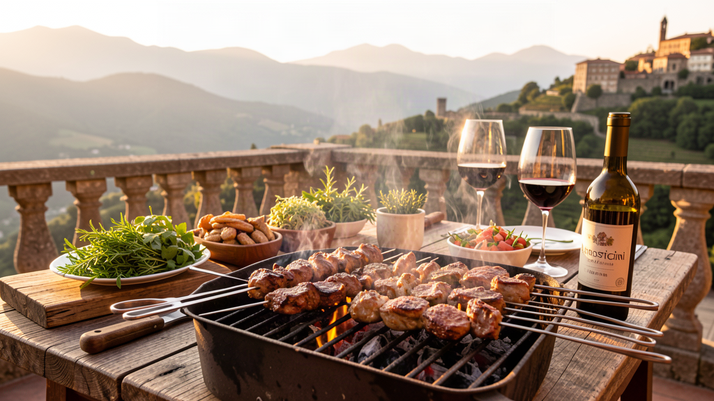 Arrosticini sheep skewers grilling at Arrosticini Divini in L'Aquila