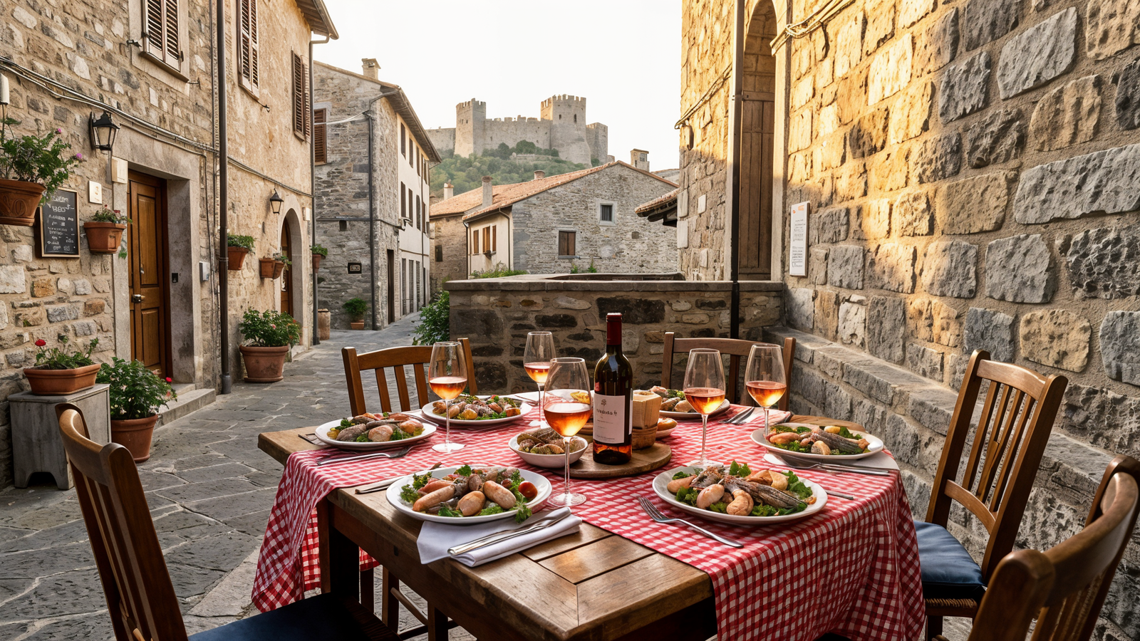 Outdoor terrace dining at Cantina Doria in Bonifacio old town