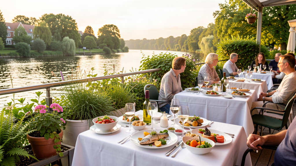 Outdoor terrace at Köpenicker Seeterrassen overlooking Dahme river