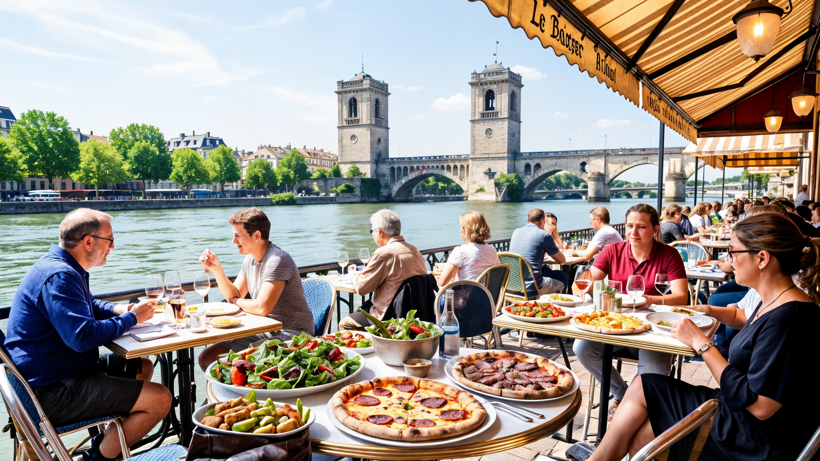 Outdoor terrace at Le Boucher du Quai on Quai de Londres with Meuse river and Porte Chaussée towers view in Verdun